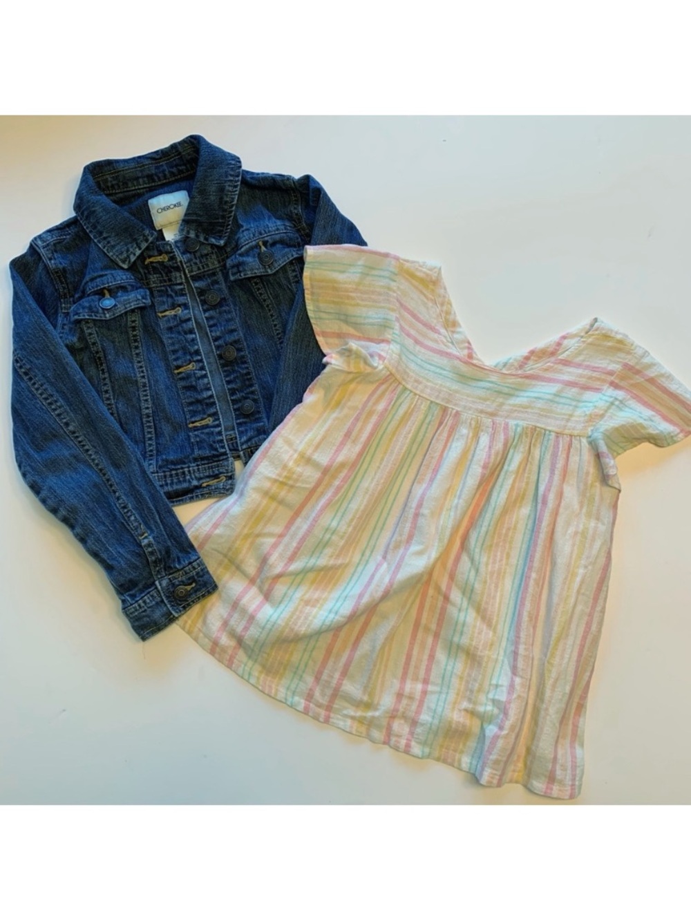 Cat & Jack Pastel Striped Dress and Cherokee Denim Jacket Set- Pink Yellow, Mint